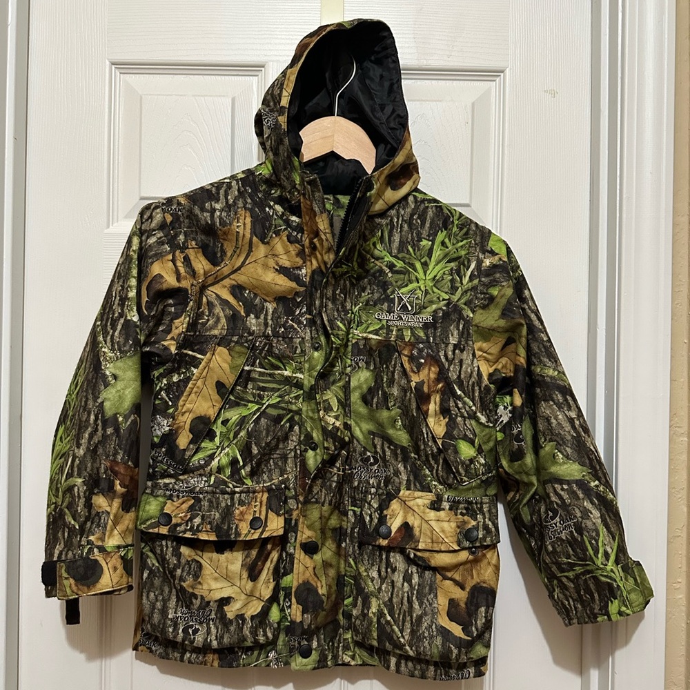 Game Winner Youth Mossy Oak Obsession Jacket Sz S Camo Snap Button Zip Hunting